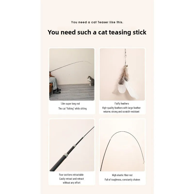 Telescopic Feather Wand Cat Toy, 1.8m